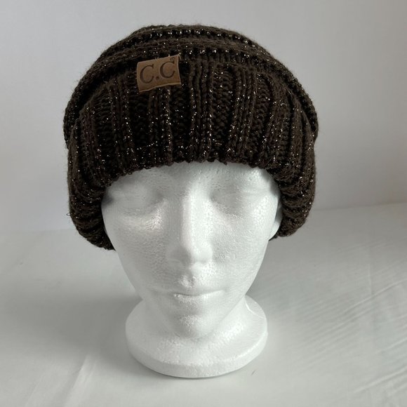 C.C. Beanie Brown with Gold Shimmer Accent One Size Cable Knit Stocking‎ Hat Cap - Picture 1 of 13